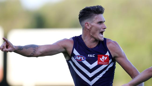 Fremantle’s Rory Lobb started forward before moving into the ruck. Picture: Will Russell/AFL Photos via Getty Images.