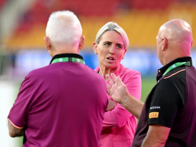 ARLC Commissioner Kate Jones is seen chatting with former Broncos player Allan Langer . Picture: Getty Images