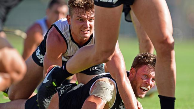 Ollie Wines and Brad Ebert go head to head at Port Adelaide's first intra-club at Alberton during the preseason. Picture: Tom Huntley