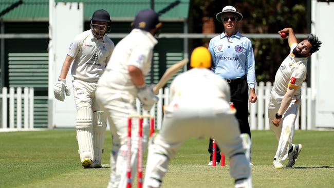 Smit Raval of Blacktown Mounties bowls during round 4 of the NSW Premier Grade cricket match between Mosman and Blacktown Mounties at Allan Border Oval on October 29, 2022 in Mosman. (Photo by Jeremy Ng/Newscorp Australia)