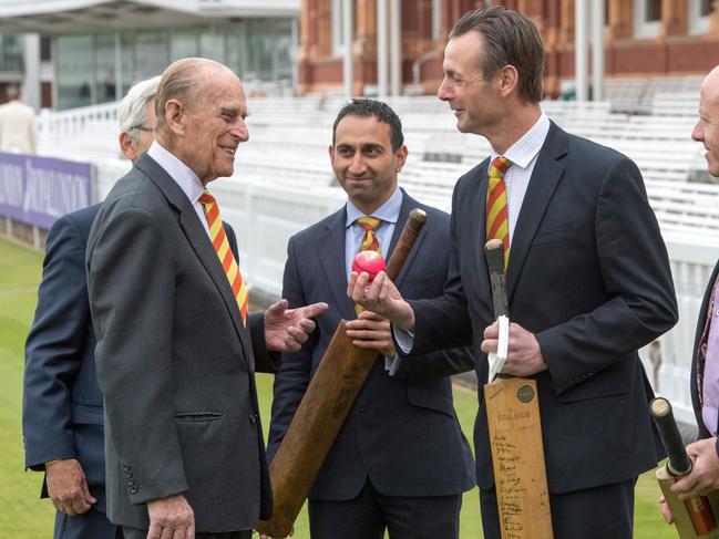 Prince Philip, Duke of Edinburgh speaks to John Stephenson as he opens the new Warner Stand at Lord's Cricket Ground on May 3, 2017 in London, England. The Duke of Edinburgh is an honorary Life Member of Marylebone Cricket Club. (Photo by Arthur Edwards – WPA Pool /Getty Images)