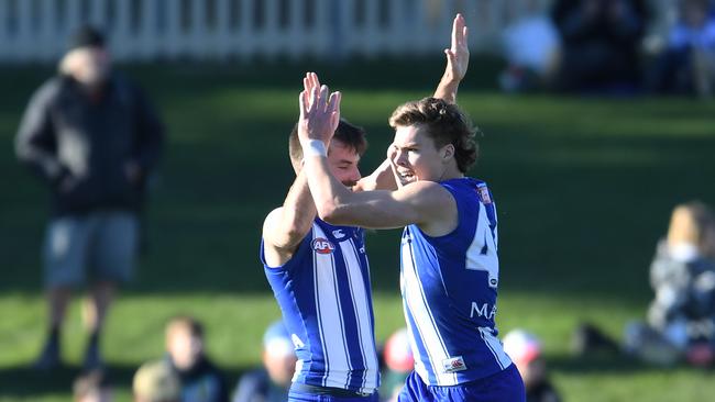 HOBART, AUSTRALIA - JUNE 26: Cameron Zurhaar of the Kangaroos celebrates a goal during the round 15 AFL match between the North Melbourne Kangaroos and the Gold Coast Suns at Blundstone Arena on June 26, 2021 in Hobart, Australia. (Photo by Steve Bell/Getty Images)