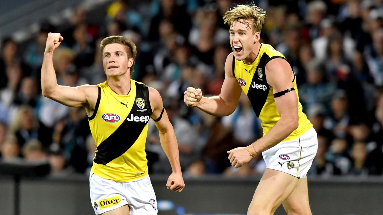 Liam Baker and Tom Lynch celebrate (AAP Image/Sam Wundke) 