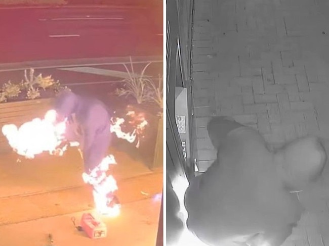 Footage has revealed the moment a man was forced to ditch his underwear after he accidentally set himself on fire outside a fast food business in Melbourne’s east in a bungled arson attack. Picture: Victoria Police.