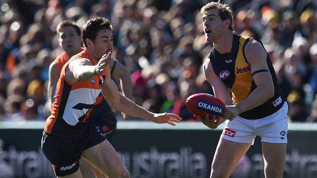 David Astbury in action against GWS on Saturday. Picture: AAP