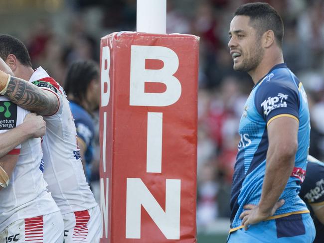 St George Illawarra celebrate while Jarryd Hayne looks on during Gold Coast’s loss at Kogarah last Saturday. Picture: AAP