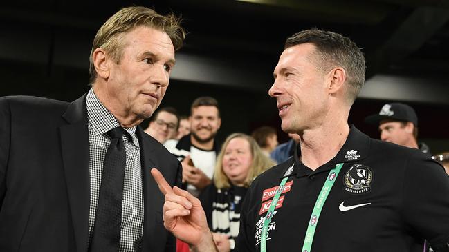 Jeff Browne the president of the Magpies and Magpies head coach Craig McRae celebrates winning the round one AFL match between the St Kilda Saints and the Collingwood Magpies at Marvel Stadium on March 18, 2022 in Melbourne, Australia. Photo by Quinn Rooney