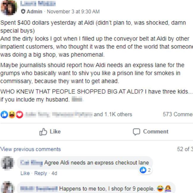 A mum has taken to Facebook to call on Aldi to install what she describes as a much-needed “’express lane’ in its stores. Picture: Facebook / Aldi Mums