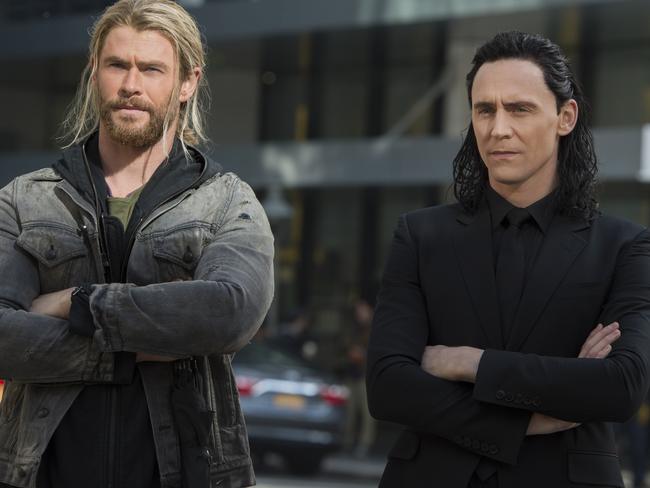 Scene from Marvel Studios' film Thor: Ragnarok.L to R: Thor (Chris Hemsworth) and Loki (Tom Hiddleston) in New York.(Set is Brisbane CBD dressed to look like New York)Photo: Jasin Boland.©Marvel Studios 2017