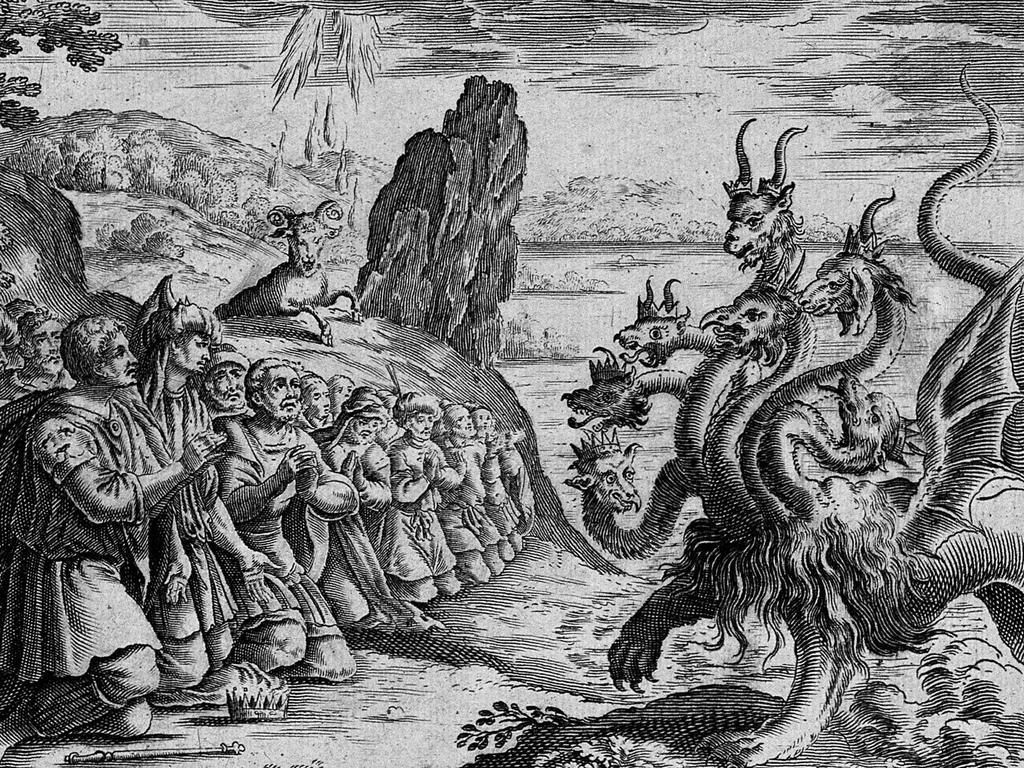 An artist’s interpretation of a passage from the Book of Revelation, which refers to a ‘seven headed beast’. 