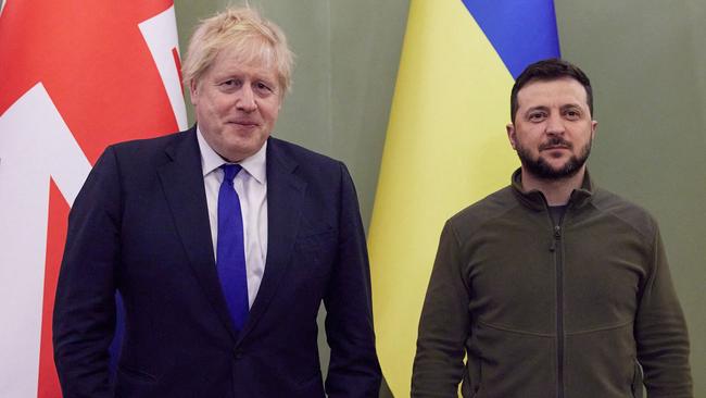 Mr Johnson with Ukrainian President Volodymyr Zelensky on April 9. Picture: AFP Photo/Ukrainian Presidential Press Service