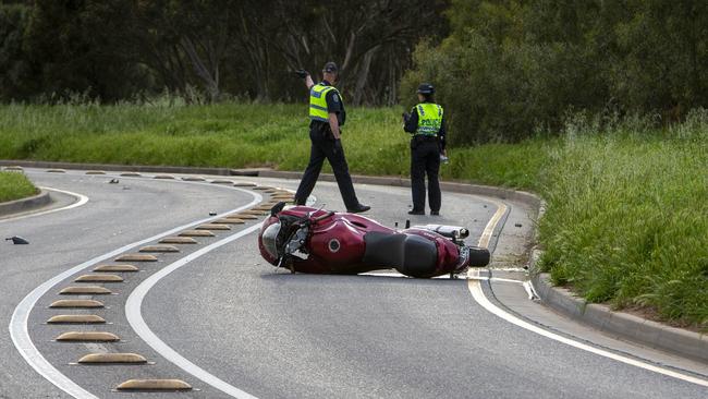 Police and Major Crash Investigators at the scene of a motorcycle crash at Paralowie. Picture: Emma Brasier