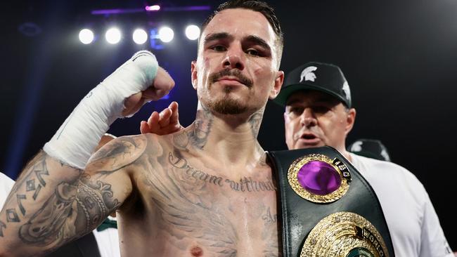 SHAWNEE, OKLAHOMA - JULY 22: George Kambosos Jr celebrates after defeating Maxi Hughes, during their lightweight fight at FireLake Arena on July 22, 2023 in Shawnee, Oklahoma. (Photo by Mikey Williams/Top Rank Inc via Getty Images)