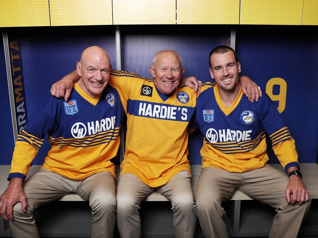 Eels legends Peter Wynn and Steve Edge with current team co-captain Clint Gutherson (right), as the club announces a new sponsorship deal with James Hardie. Picture: Rohan Kelly