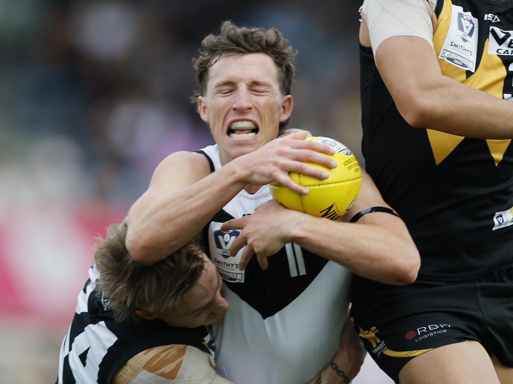 Ben Jepson battling it out for the Sharks in last season’s grand final against Werribee. Picture: Michael Klein