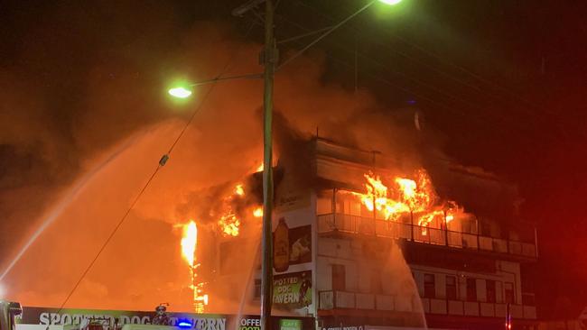 The Federal Hotel goes up in flames.