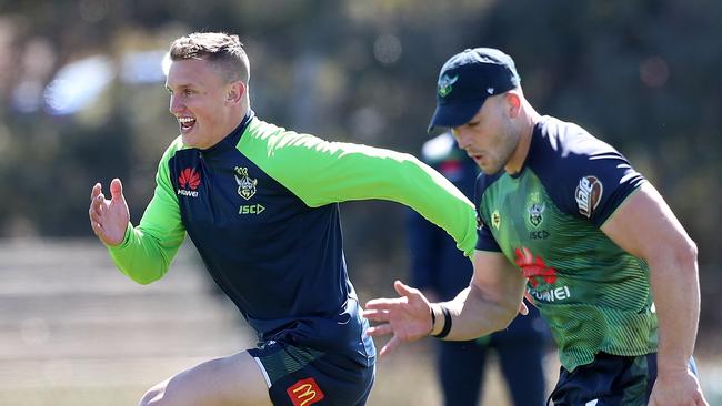 Raiders Jack Wighton and Nick Cotric at Training at Raiders Headquarters in Canberra. Picture Kym Smith