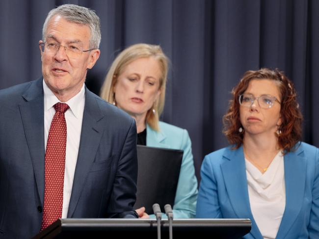 CANBERRA, AUSTRALIA, NewsWire Photos. NOVEMBER 13, 2023: Bill Shorten MP,  Mark Dreyfus attorney General, Senator Katy Gallagher  and Amanda Rishworth MP The Blue Room at Parliament House in Canberra.The Albanese Government is today tabling the response to the Robodebt Royal Commission. . Picture: NCA NewsWire / David Beach