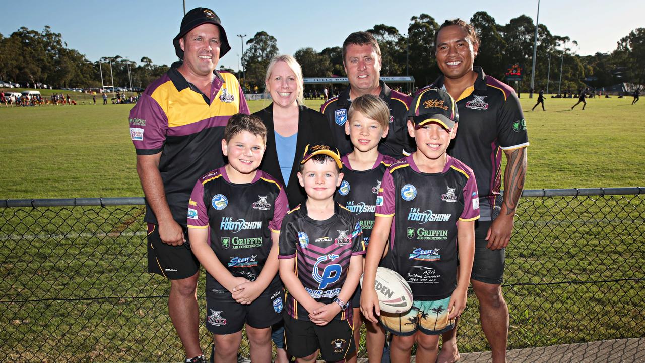 (LR front) Jesse Weismantel (11), Liam Gray (6), Samuel Kelly (11), Riley Brown (10), (Back LR) Rod Gray, Mayor of the Hills Michael Byrne, Michael Gremmo and Shane Motu at the Hills Bulls vs Guildford Owls in the Gremmo Memorial Shield at Crestwood Oval on the 7th of April 2019. Photographer: Adam Yip