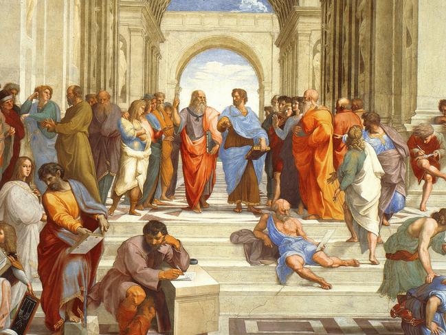 UNSPECIFIED - CIRCA 1754: The School of Athens' , 1511 (detail). Fresco. Raphael (Rafael Sanzio 1483 -1520) Italian painter and architect. Plato and Aristotle (centre) in discussion. Ancient Greek Philosophy Science Learning (Photo by Universal History Archive/Getty Images)