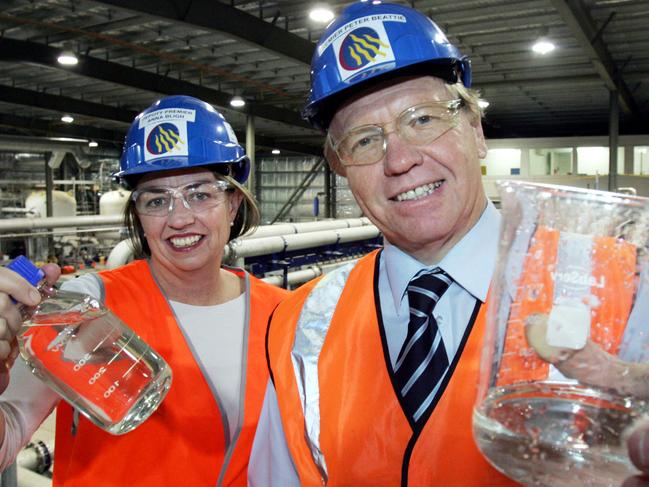 Then-premier Peter Beattie and then-deputy premier Anna Bligh with recycled water at the Advance Wastewater Treatment Plant at Bundamba.