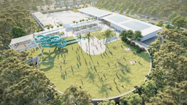 Renders and concept designs submitted by Gladstone Regional Council as part of their strategic project to be the developer of the Boyne Tannum Aquatic Recreation Centre at their preferred site on Coronation Dr. Picture: GRC (supplied)