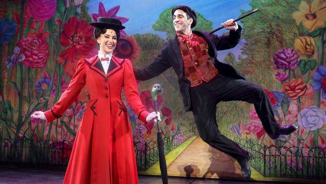 Mary Poppins star Stefanie Jones with Jack Chambers (Bert), on stage at Adelaide’s Festival Theatre. Picture Dean Martin