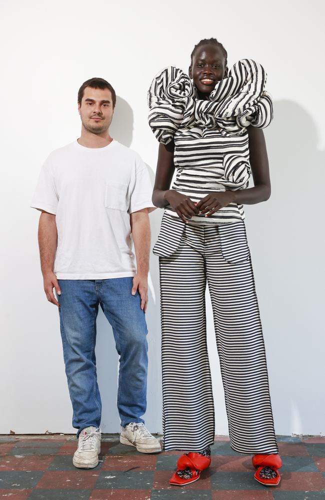 Jordan Dalah and model Koujayn Wiew his Woollahra studio. Picture: Justin Lloyd