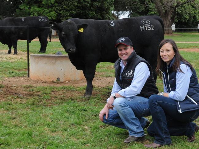 Happier times: Ireland Angus stud’s Corey and Prue Ireland at a bull sale on their property near Wagga Wagga in southern NSW in 2013.