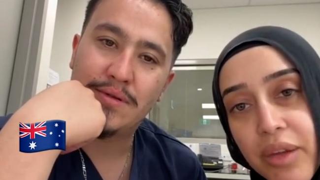 Bankstown Hospital nurses Ahmad Rashad Nadir and Sarah Abu Lebdeh in the loathsome video. Picture: NewsWire