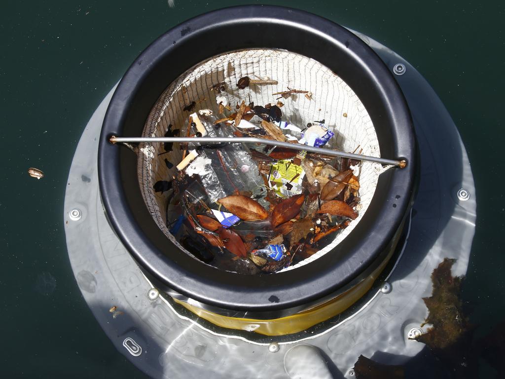 One of the Seabins in action showing the rubbish it has collected. Picture: John Appleyard