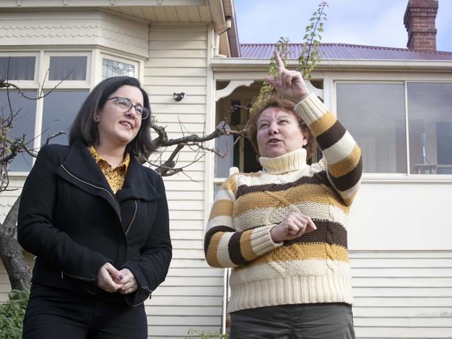 Labor MP Ella Haddad and Dynnyrne resident Meg Smith, who lives next to the Southern Outlet. Picture: Chris Kidd