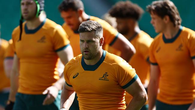 SAINT-ETIENNE, FRANCE - SEPTEMBER 16: David Porecki and the Wallabies ahead of their Rugby World Cup France 2023 match against Fiji at Stade Geoffroy-Guichard on September 16, 2023 in Saint-Etienne, France. (Photo by Chris Hyde/Getty Images)