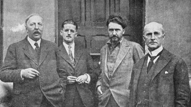 Ford Madox Ford, left, James Joyce, Ezra Pound and lawyer John Quinn, circa 1925. Picture: Getty Images.