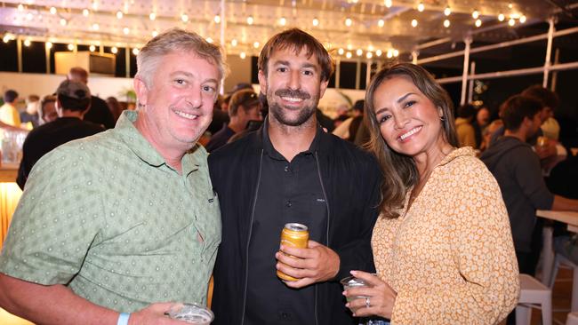 Darrel Scanlon, Manuel Calvo and Rui Scanlon at the WSL Gold Coast Pro 2025 after party at Burleigh Pavilion for Gold Coast at Large. Picture, Portia Large.