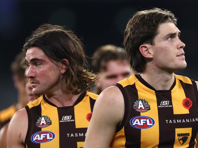 Will Day and his Hawks teammates look dejected after losing the round seven AFL match between Hawthorn Hawks and Sydney Swans. (Photo by Quinn Rooney/Getty Images)