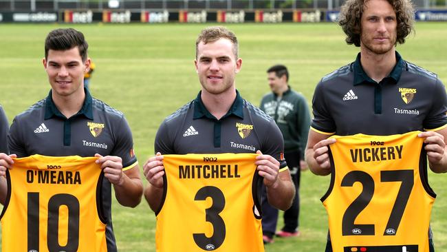 Hawthorn recruits Jaeger O’Meara, Tom Mitchell and Ty Vickery. Picture: Michael Klein