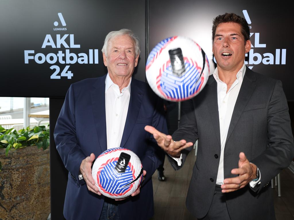 A-League commissioner Nick Garcia (right) celebrates the competition’s expansion with Bill Foley, the billionaire owner of the new Auckland club. Picture: Phil Walter/Getty Images for A-Leagues