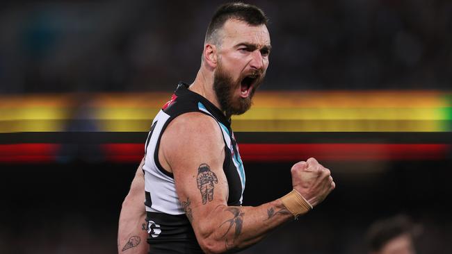 Charlie Dixon of the Power celebrates a goal during the 2023 AFL Second Semi Final match between the Port Adelaide Power and the GWS GIANTS at Adelaide Oval on September 16, 2023 in Adelaide, Australia. (Photo by James Elsby/AFL Photos via Getty Images)