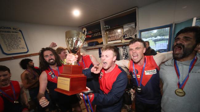 Swifts Creek players with the premiership cup.