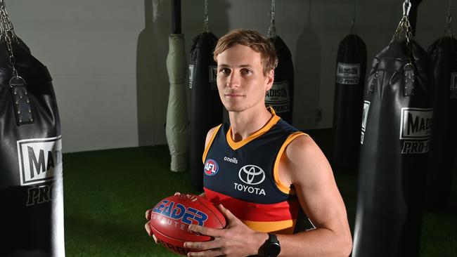 Jordan Dawson’s first time in an Adelaide jumper. Picture: Keryn Stevens