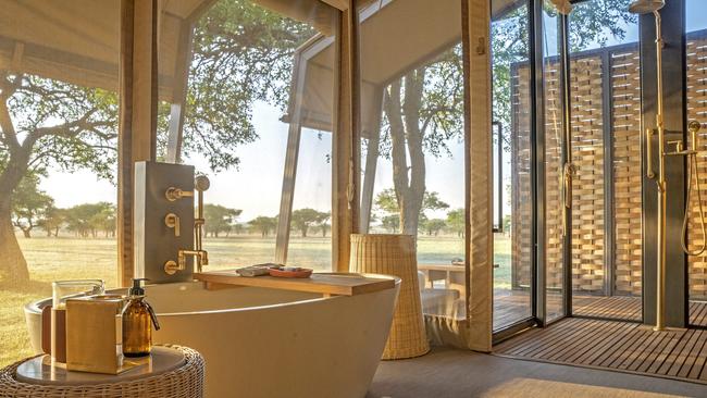 Supplied Editorial Bathroom at Singita Sabora Tented Camp in Tanzania.