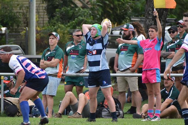 Rhys Carter eyes the line-out in at the Slade Point Slashers v Moranbah Bulls in Mackay Rugby Union Round 4 Seniors A-Grade Anzac Day clash at Cathy Freeman Oval in Slade Point. Saturday, April 23, 2022. Picture: Max O'Driscoll