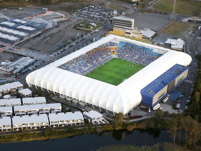 An aerial shot of Cbus Super Stadium for the 2018 NRL game between the Titans and Cowboys.