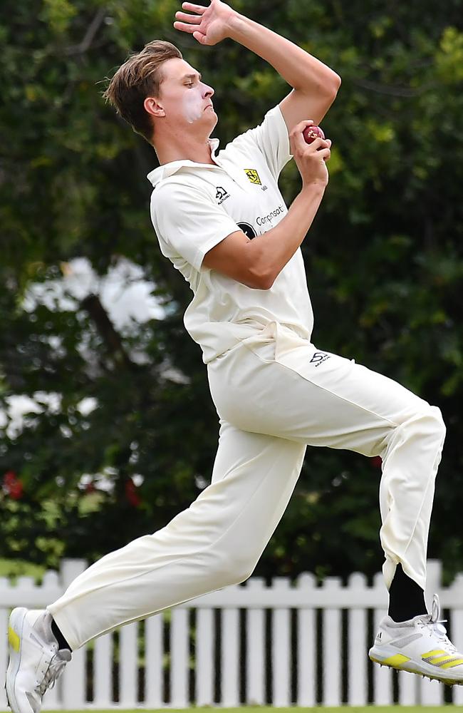 Wests bowler Tom Whitney Cricket action between Toombul and Wests. Saturday December 17, 2022. Picture: John Gass