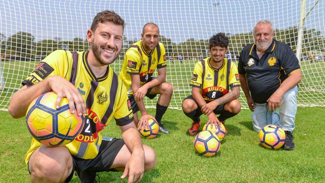 Pontian Eagles Soccer Club players Arti Tsak, Jeremy Kalaitsidis, Johnny Mavromatis and club president Terry Kalaitsidis are ready to go as the club moves to State League Two. Picture: AAP/Brenton Edwards