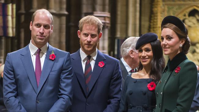 William and Harry with Meghan and Kate at Westminster Abbey on Armistice Day in 2018. Picture: Getty Images