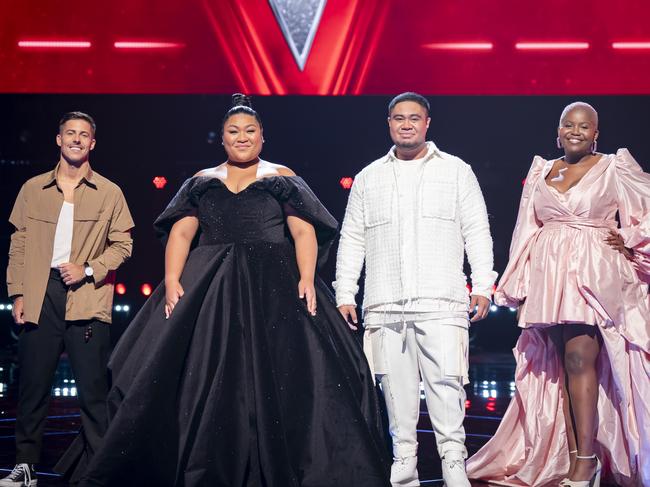 *** SYD CON - STRICT EMBARGO UNTIL 9.05pm SUNDAY MAY 22 *** _ The Voice Top 4 (L_R) Lachie Gill, Faith Sosene, Jordan Tav. SUPPLIED