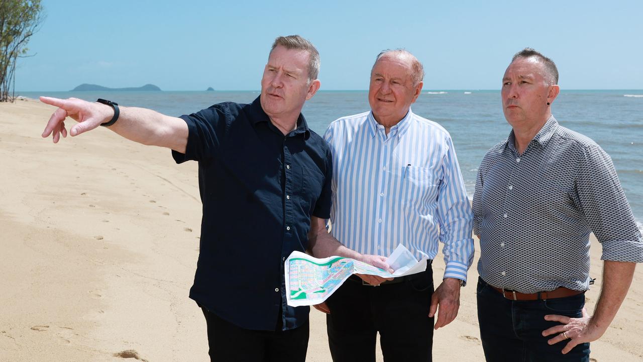 Developer Frank Gasparin partnered with Melbourne company Villawood Properties to develop his Half Moon Bay property at Trinity Park. Villawood CEO Alan Miller, Gasparin Group owner Frank Gasparin and Mason Cowle of Ellivo Architects at Half Moon Bay. Picture: Brendan Radke