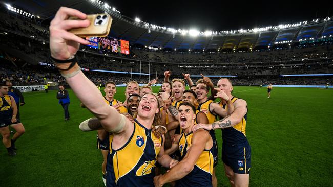 Harley Reid celebrates with his Eagles teammates after the win. (Photo by Daniel Carson/AFL Photos via Getty Images)